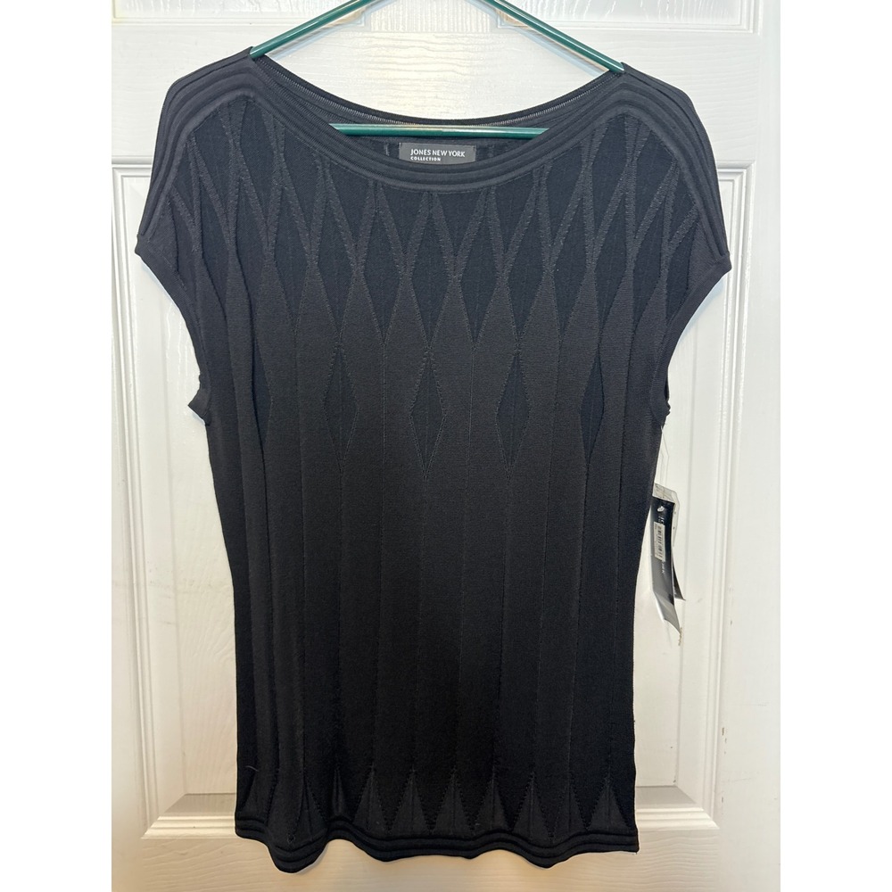 Jones New York Collection Black Knit Top Diamond Pattern Sleeveless S 1953